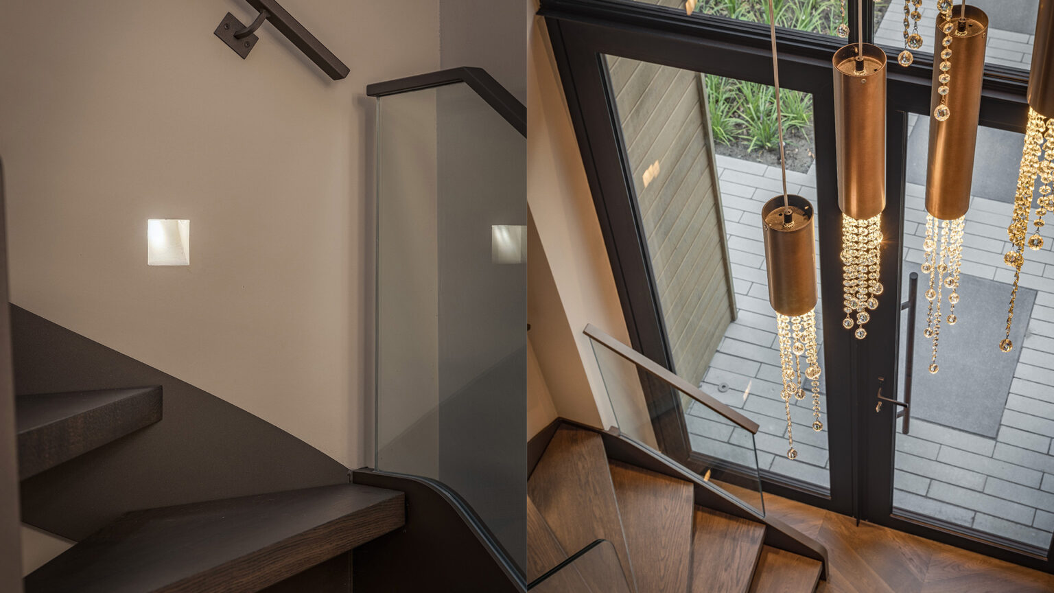Stalen deur en trap in een interieur met hanglampen